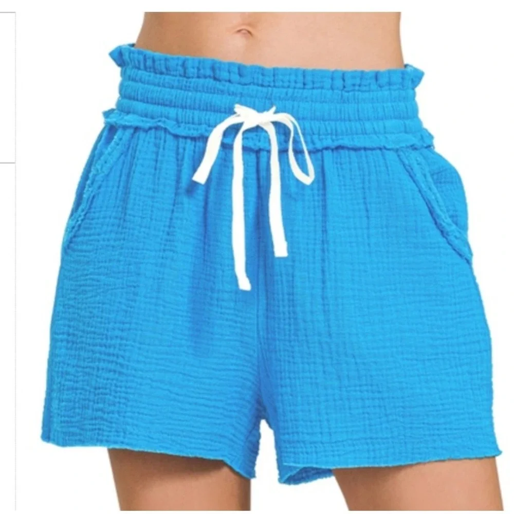 Zenana Double Gauze Cotton Drawstring Waist Shorts Deep Sky Blue Loose Fit Small